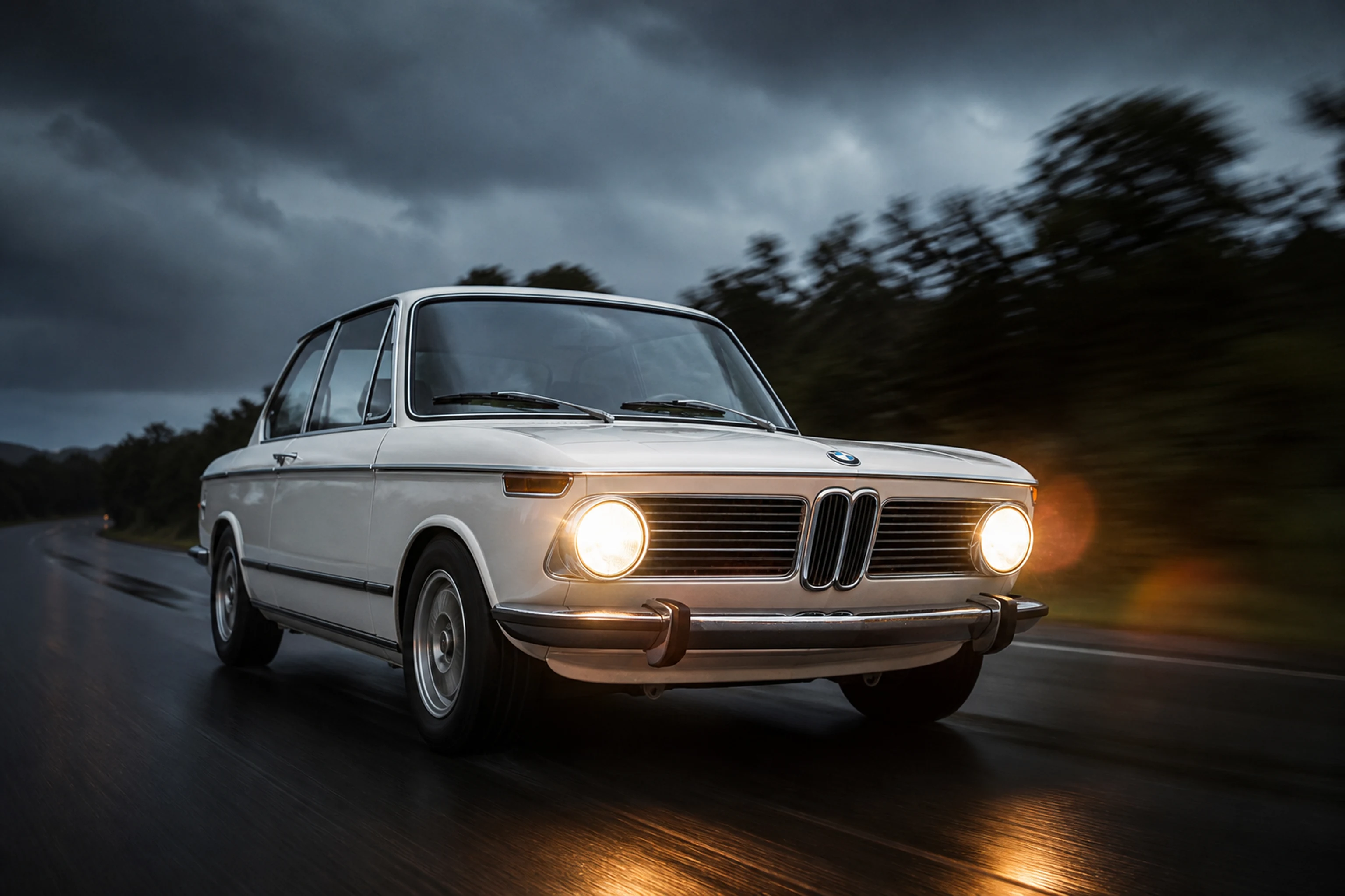 Alpine white BMW 2002 tii at dusk